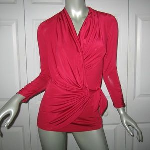 CACHÉ Red Surplice Ruched Sleeve Side Tie Blouse